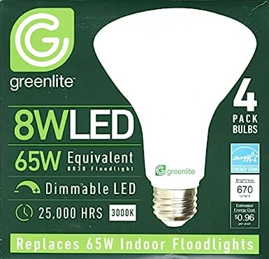 Greenlite LED BR30 Light Bulb, 65W = 8W, Dimmable, 670 Lumens, 3000K, Bright White - 4 Pack