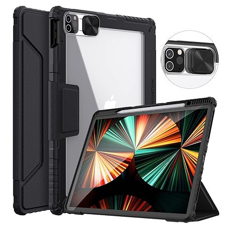 Nillkin Case for Apple iPad Pro 12.9" Inch 2022/2021 / 2020 Bumper Pro Leather Camera Slider Camshield Protect Stand Smart Wake & Sleep Pencil Holder Black