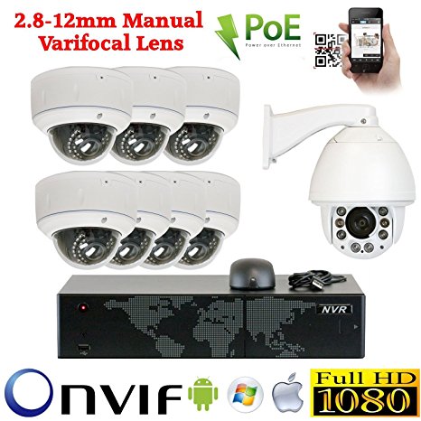 GW Security 8 Camera 1920P PoE IP CCTV Kit : 7 x 1080P IP PoE 2.8-12mm Dome Cameras   1 x 1080P Auto Tracking IP PTZ 4.7 ~ 94mm 20X Optical Zoom   1x 8 Channel 1080P NVR   1x 1TB HDD *** High Definition Video Surveillance For Your Home or Business