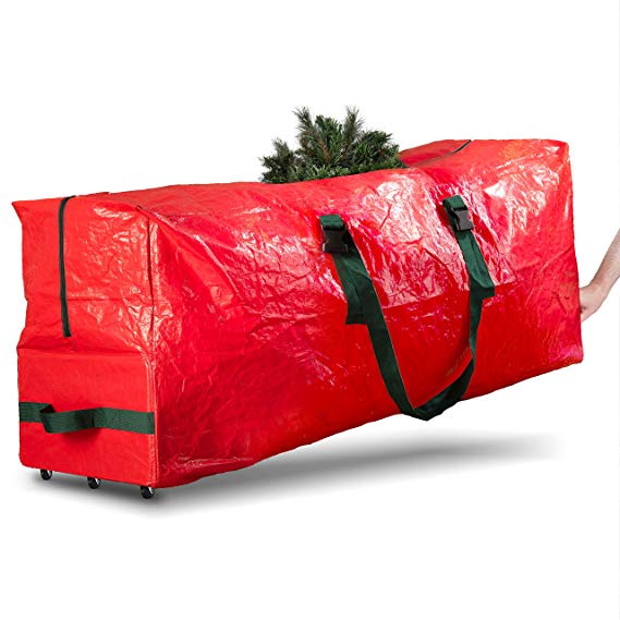 Rolling Large Christmas Tree Storage Bag - Fits Upto 9 ft. Artificial Disassembled Trees, Durable Handles & Wheels for Easy Carrying and Transport - Tear/Water Proof Polyethylene Plastic Duffle Bag