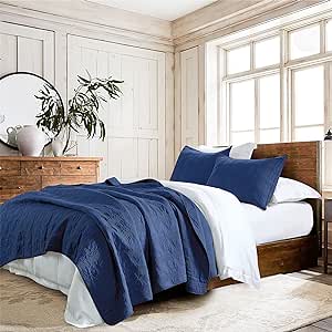 HORIMOTE HOME 100% Cotton Quilt Set King Size, Navy Blue Pre-Washed 3-Piece Bedspread Coverlet Set, Cozy Lightweight Stitching Bedding Cover with 2 Shams in Geometric Pattern for All Season