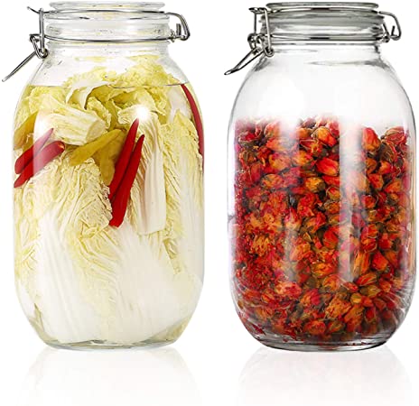 100oz/3000ml Glass Kitchen Storage Canister, Sealed Glass Jars with Lids, Airtight Glass Canister with Hinged Lid, Perfect for Kitchen Canning Cereal/Pasta/Sugar/Beans -Set of 2