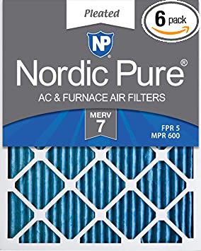 Nordic Pure 16x25x1 MERV 7 Pleated AC Furnace Air Filters, 16x25x1M7-6, 6 Pack (Renewed)