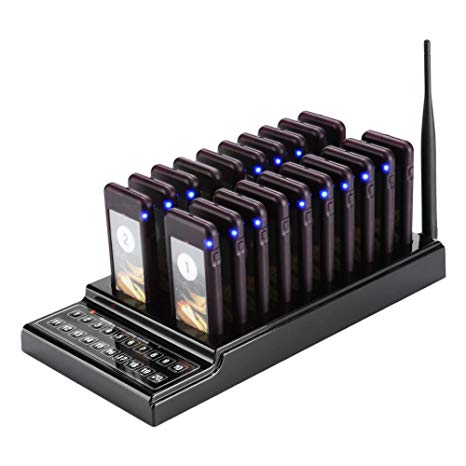 20 Channels Wireless Calling System Restaurant Guest Paging System Restaurant Call Coaster Pagers/Guest Waiting Pager/Wireless Paging System with Charging Dock and Transmitter