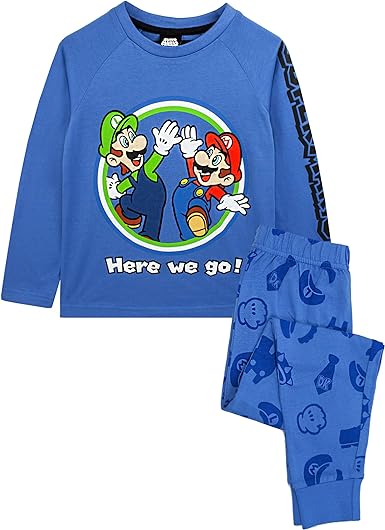 Super Mario Pyjamas Luigi Boys Long Sleeve Kids Blue T-Shirt & Trousers PJ Set