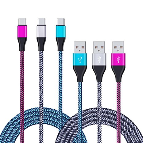 USB Type C Charger, NonoUV 3-Pack 6ft USB C-A Charger Cable Nylon Braided Sync Cord with Reversible Connector for Samsung Galaxy Note 8,S8,S8 Plus,LG V30 V20 G6 G5,Google Pixel,Moto Z2 Play,Macbook