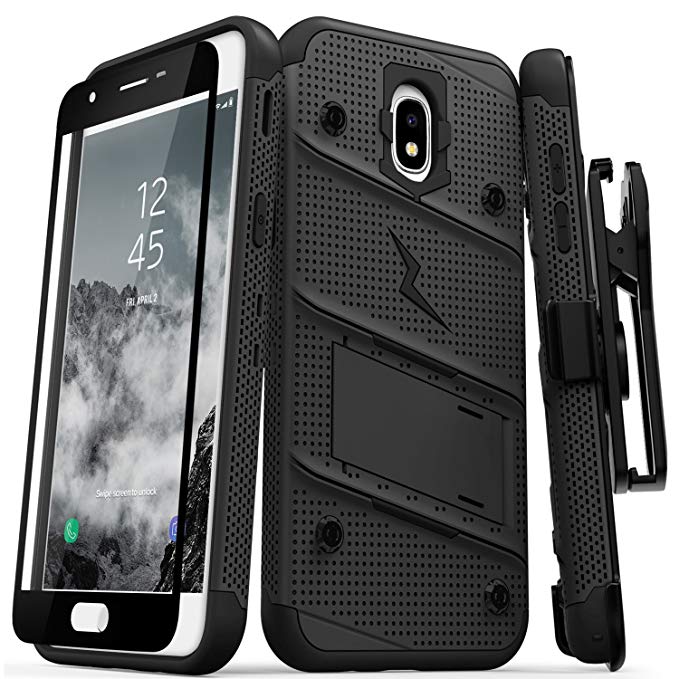 Zizo Bolt Series Compatible with Samsung Galaxy Amp Prime 3 Case Military Grade Drop Tested with Tempered Glass Screen Protector Holster Black