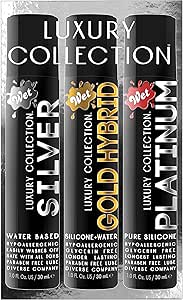 Wet Assortment Sampler 3 Pack Luxury Collection Lube Premium Personal Lubricant Silicone Water Hybrid Lubes 3 Ounces Men Women & Couples for Foreplay Paraben Free Gluten Free Stain Free Travel Bottles