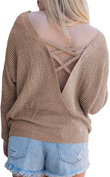 Asvivid Women's Long Sleeve Criss Cross V Neck Knitted Sweater Backless Loose Jumper Sweaters