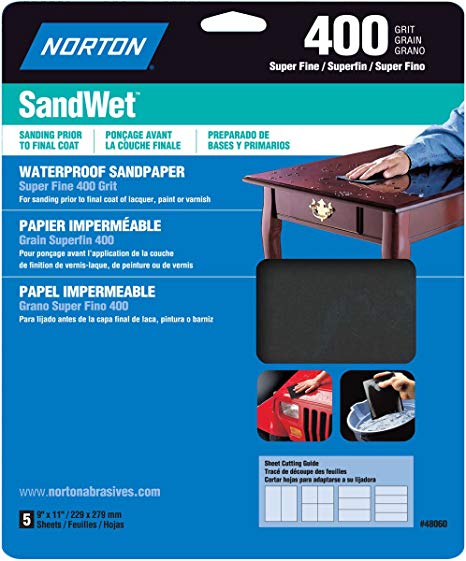 Norton 48060 Sandwet Sandpaper 400 Grit, 9-Inch x 11-Inch, 5-Pack