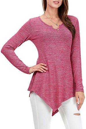 Fidus Women's Long Sleeve Round Neck Button Side Casual Loose Tunic Tops T-Shirt