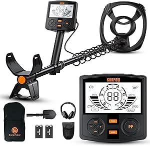 SUNPOW Metal Detector for Adults Professional - High Accuracy with 12" Waterproof Coil, 2x Backlit LCD Display, Advanced DSP Chip, 5 Modes, Adjustable Length (19"-59"), Sturdy Spiral Structure -OTMD14