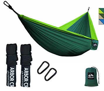 Double Camping Hammock by Arbor Creek Outfitters | Best Hammock "ENO BUTTS OF BEARS" about it | Extremely Durable Nylon/Parachute with Upgraded Clips w/ Tree Friendly Straps- Supports 500 Pounds