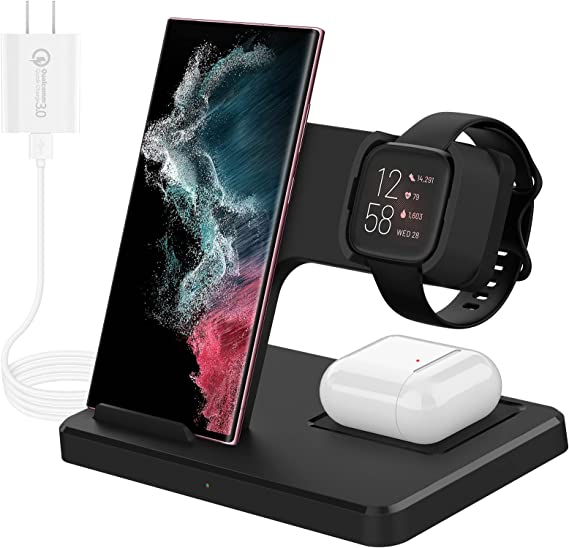 OenFoto 3 in 1 Wireless Charging Station Compatible with Fibit Versa 2 (Not for Versa)– Charging Cable Dock for Samsung Galaxy S22 Ultra S21 Note 20, AirPods Pro, Galaxy Buds Pro(with QC 3.0 Adapter)