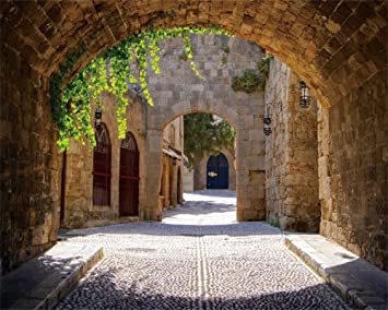 OFILA Medieval Arched Street Backdrop 10x8ft Greece Rhodes Photography Background Old Town Country Scenes Photos European Building Traveled Photos Backdrop Nostalgia Themed Party Decoration Props