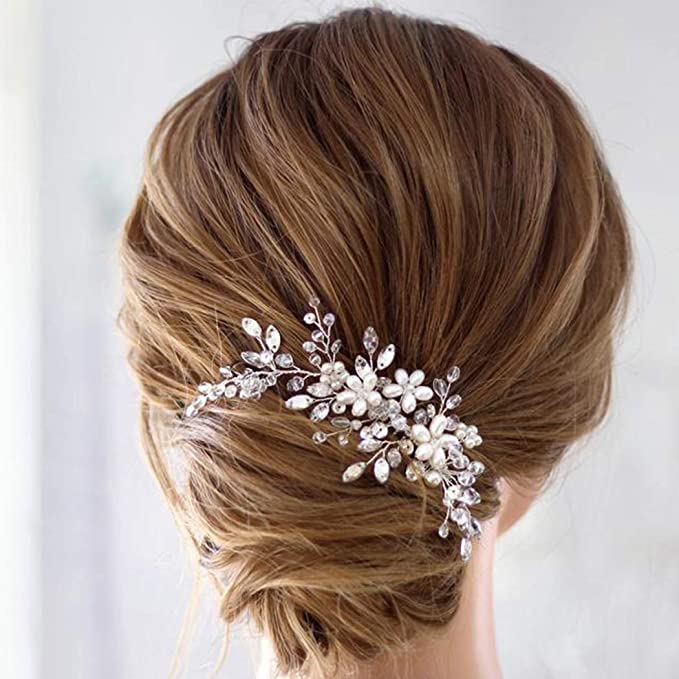 Unicra Bride Flower Wedding Hair Comb Crystal Bridal Silver Side Comb Pearl Hair Accessorie for Women and Girls