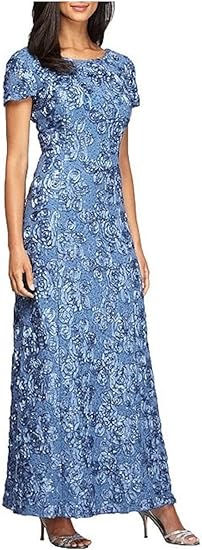 Alex Evenings Women's Long Rosette Lace Cap Sleeve Gown