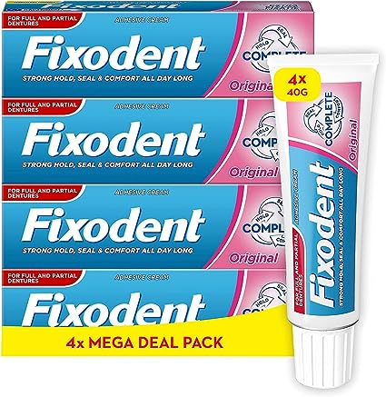 Fixodent Complete Denture Adhesive Cream, 4x40g, Saving Pack, 10X Stronger Hold vs. No Adhesive, Improved Comfort & Foodseal, Original, Mint