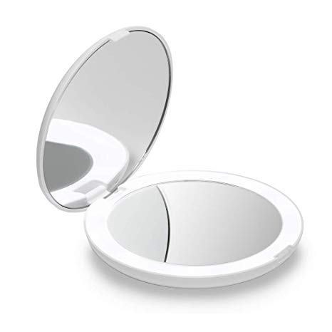 Fancii LED Lighted Travel Makeup Mirror, 1x/10x Magnification - Daylight LED, Compact, Portable, Large 5" Wide Illuminated Folding Mirror, Silk White (Lumi)