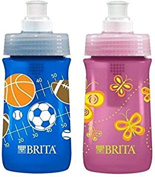 Brita Soft Squeeze Water Filter Bottle For Kids, Variety 2 Pack, Navy Blue Sports/Pink Butterflies