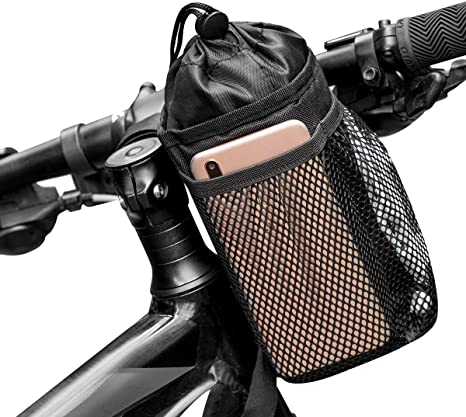 Bike Water Bottle Holder Bag for Kid Adult, Caudblor Insulated Bicycle Coffee Cup Holders with Phone Storage, Black Handlebar Drink/Beverage Container for Walker/Cruiser/Exercise/Mountain Bike B3