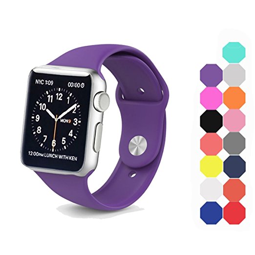Apple watch band,XIYA Soft Silicone Replacement Sport style for Apple Watch Models,38mm/42mm,Included for 2 Lengths (purple,38mm)