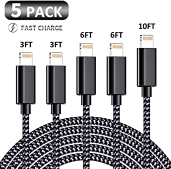 iPhone Charger, KRISLOG MFi Certified Lightning Cable 5 Pack High Speed Transfer Cords USB Fast Charging&Syncing Cable Compatible iPhone 11 Pro Xs MAX XR 8 8 Plus 7 7 Plus 6s 6s Plus(3ft×2 6ft×2 10ft)