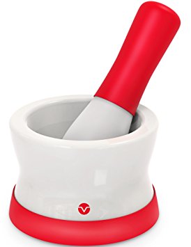 Vremi Mortar and Pestle Set - Porcelain Ceramic Dishwasher Safe Herb Spice Grinder Guacamole Salsa Maker - Apothecary Pharmacy Grade Nonporous with Silicone Base and Grip - White and Red