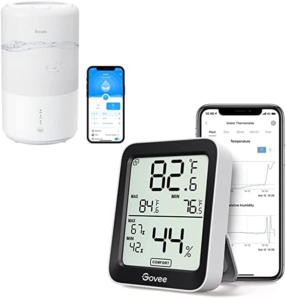 Govee Smart Humidifier H7141 Bundle with Govee Bluetooth Digital Hygrometer Indoor Thermometer, Room Humidity and Temperature Sensor Gauge with Remote App Monitoring, Large LCD Display