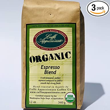 Caffe Appassionato Organic Espresso Roast Whole Bean Coffee, 12-Ounce Bags (Pack of 3)