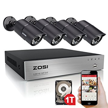 ZOSI 4Channel FULL 720P HDMI DVR Weatherproof 1280TVL HD 36pcs IR LED Camera 100ft Day Night Surveillance CCTV Security System 1TB Hard Drive