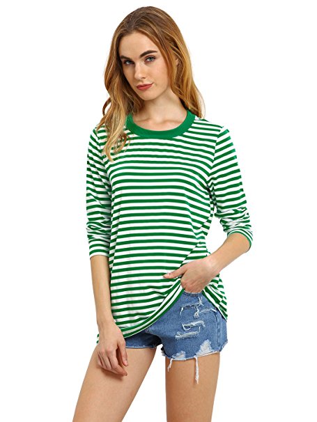 ROMWE Women's Long Sleeve Tops Round Neck Loose Basic Striped T-shirt