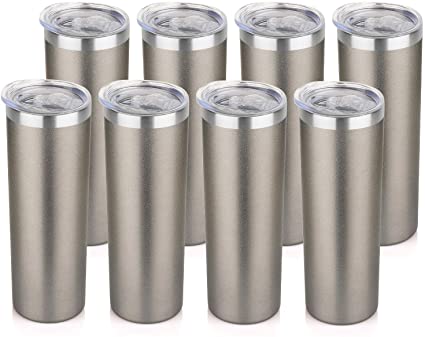 HASLE OUTFITTERS 20 oz Stainless Steel Skinny Tumbler bulk, Double Wall Vacuum Slim Water Tumbler Cup with lid, Reusable Metal Travel Coffee Mug Set of 8, Grey