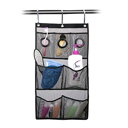 Quick Dry Hanging Mesh Shower Caddy Bath Organizer with 7 Pockets, Hang on Shower Curtain Rod / Liner Hooks/Door for Bathroom Accessories Organization,Space Saving,Black