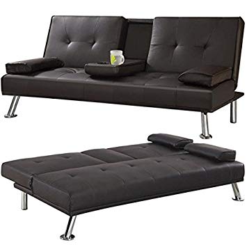 Popamazing 3 Seater Faux Leather Sofa Bed/Sofabed Cup Holders (Brown)