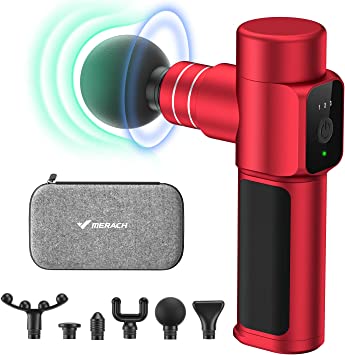 Massage Gun Deep Tissue, Merach Mini Massage Gun with Anti-Slip Handle, Super Quiet Handheld Percussion Muscle Massager Gun for Athletes, 6 Attachments & Carry Case Included, Nano Red