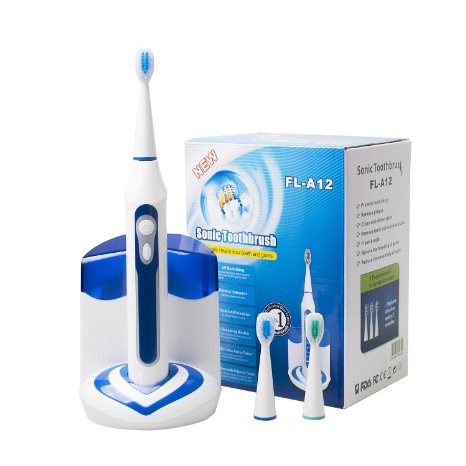 CUH Sonic Electric Toothbrush with UV Sanitizer Cordless Rechargeable High Powered 40000vpm Deep Clean 3 Replacement Brush Heads 5 Brushing Modes Waterproof White and blue