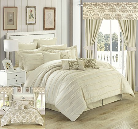 Chic Home Hailee 24 Piece Comforter Set Complete Bed in a Bag Pleated Ruffles and Reversible Print with Sheet Set and Window Treatment, Queen Beige