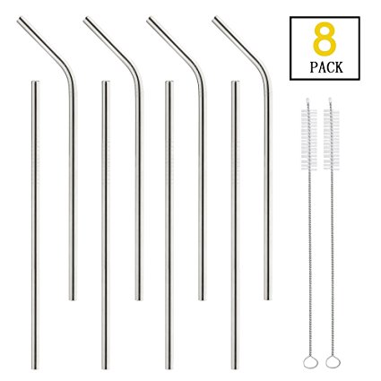 Koncle Stainless Steel Straws For 30 20 Oz Tumbler Yeti RTIC - 8 Pcs Long Drinking Straws 10.5" - 4 Bent / 4 Straight Metal Straws And 2 Cleaning Brushes