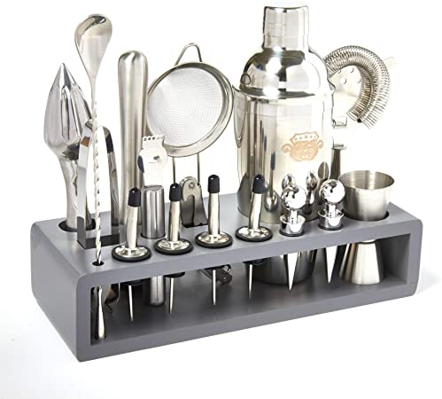 G2S Cocktail Shaker Set 17 Pieces -Premium Stainless Steel -Professional Bartender Kit - Kitchen Bar Cart-Cocktail Set -Mojito Margarita Mule Martini - Mixology Bartending Kit with Bamboo Stand(Gray)