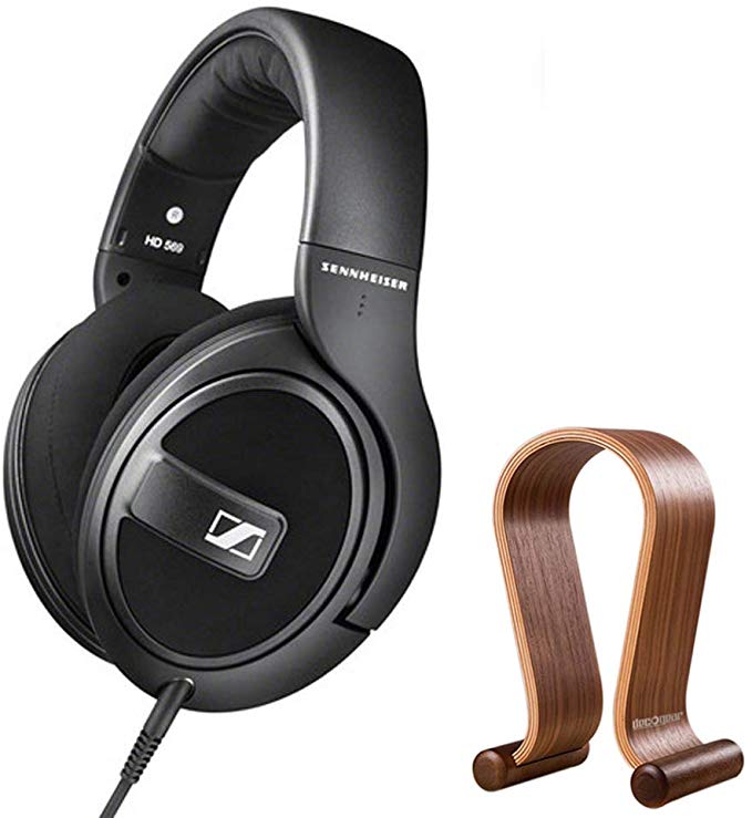 Sennheiser 506829 HD 569 Closed-Back Around-Ear Headphones with 1-Button Remote Mic Black Bundle with Deco Gear Wood Headphone Display Stand Secure Tabletop Holder