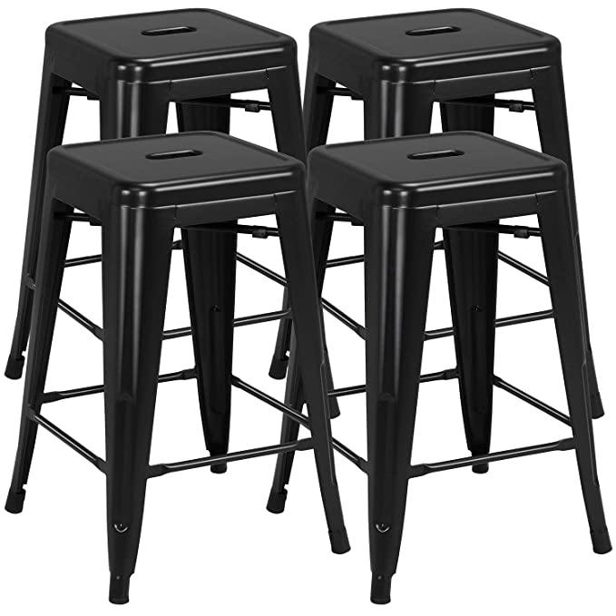 YAHEETECH 24inch Metal Bar stools Set of 4 Counter Height Kitchen Barstools Modern Industrial Backless Stackable Metal Chairs with Square Seat Indoor/Outdoor Black