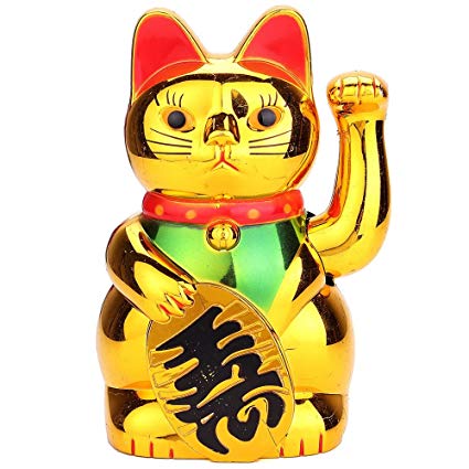 New Chinese Lucky Wealth Waving Cat Beckoning Maneki Golden Powered by AA Battery (6-Inch)
