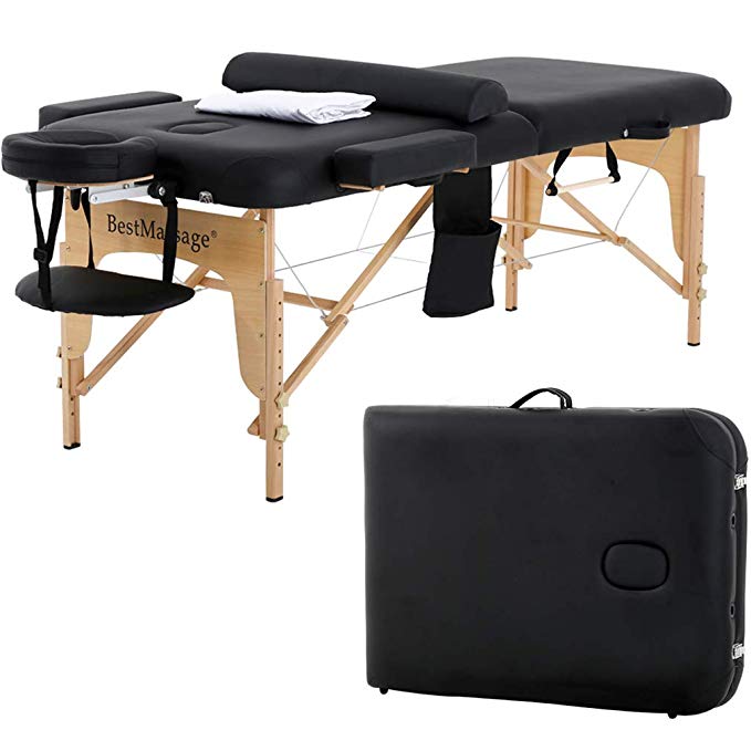 Massage Table Massage Bed Spa Bed Height Adjustable Portable Massage Table 73”L 28”W 2 Fold with Free Head Rest and Carry Case and Half Bolster Table Sheet