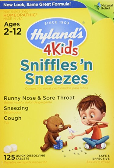 Hyland's 4 Kids Sniffles 'n Sneezes Tablets, Safe and Natural Relief of Runny Nose, Sore Throat, Sneezing and Cough Symptoms for Children, 125 Count
