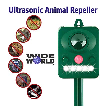 Ultrasonic Pest Repeller by Wide World - Solar Powered Waterproof Outdoor Wild Animal Repellent - Motion Sensor and Flashing Light for Deer Cat Dog Squirrel Mole Rat Fox Wolf Raccoon - Sound Control