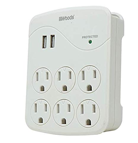 Woods 41079 Surge Protector with 6 Outlets and 2 USB Type A Ports with 1000J of Protection, White