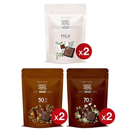 ChocZero Multi Flavor Chocolate, Sugar Free, Low Carb. No sugar alcohols, No Artificial Sweeteners. All Natural, Non-GMO - 6 Bags(Milk2, 50% Dark2, 70% Dark2, 60 pieces)