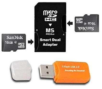 Sandisk 32GB 32G (16GB x 2) Class 4 microSD microSDHC Card with Dual MicroSDHC to Memory Stick MS Pro Duo Adapter for Sony PSP and Cybershot Cameras with Everything But Stromboli Micro SD HC Memory card Reader