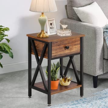 VECELO Modern X-Design Night Stand Versatile Nightstands, End Side Table with Drawer& Storage Shelf, 1 PCS, Vintage Brown